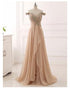 Real Photos Long Prom Dresses with Cap Sleeves Beadings Chiffon Ruffles Party Gowns